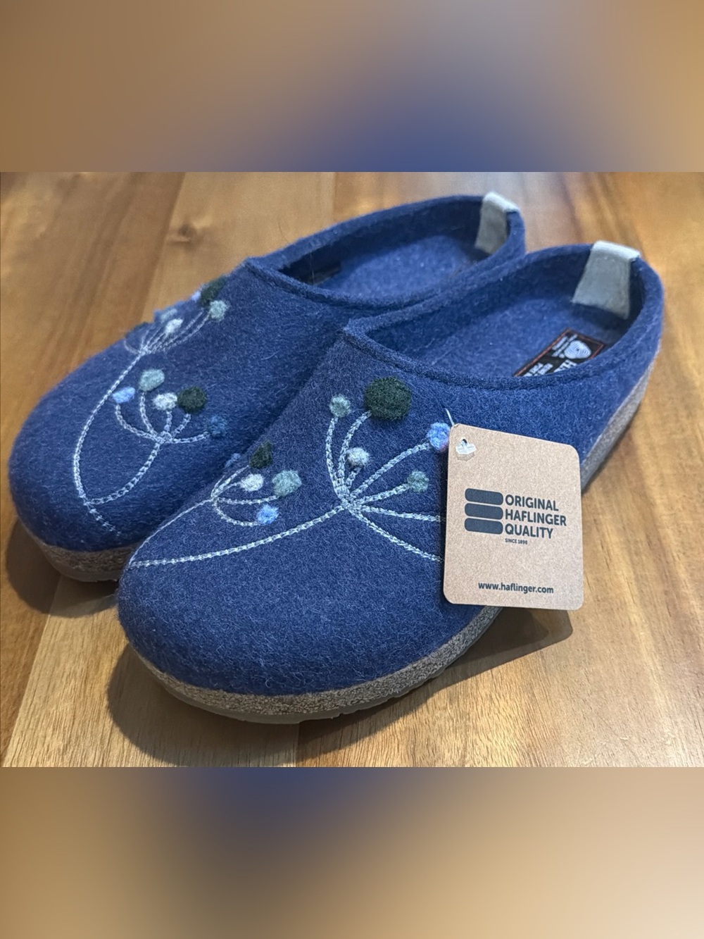 Haflinger Amaya Clog Womens 39 US 8 Jeans Blue Boiled Wool Flower Slippers NWT